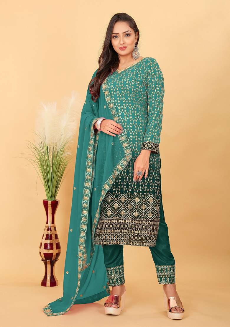 Green Embroidered Poly Blend Kurta Set - Indya