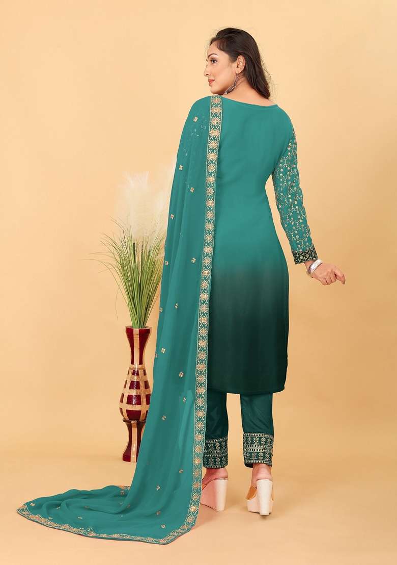 Green Embroidered Poly Blend Kurta Set - Indya