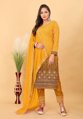 Yellow Embroidered Poly Blend Kurta Set