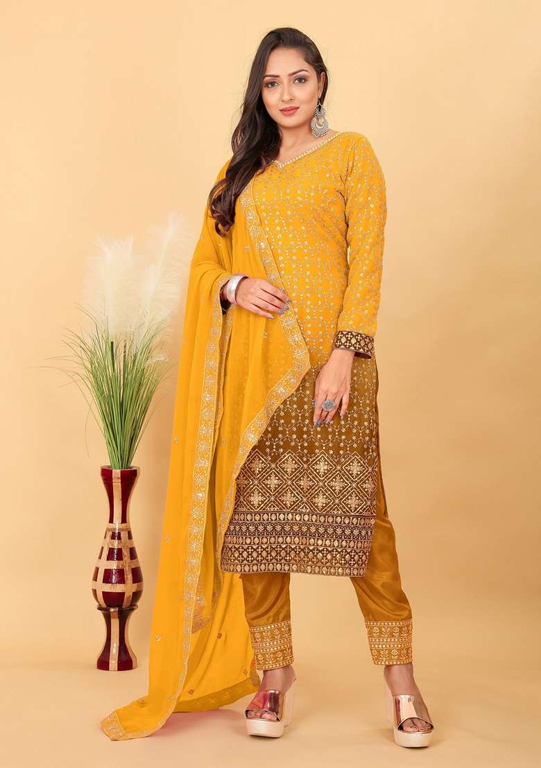 Yellow Embroidered Poly Blend Kurta Set - Indya