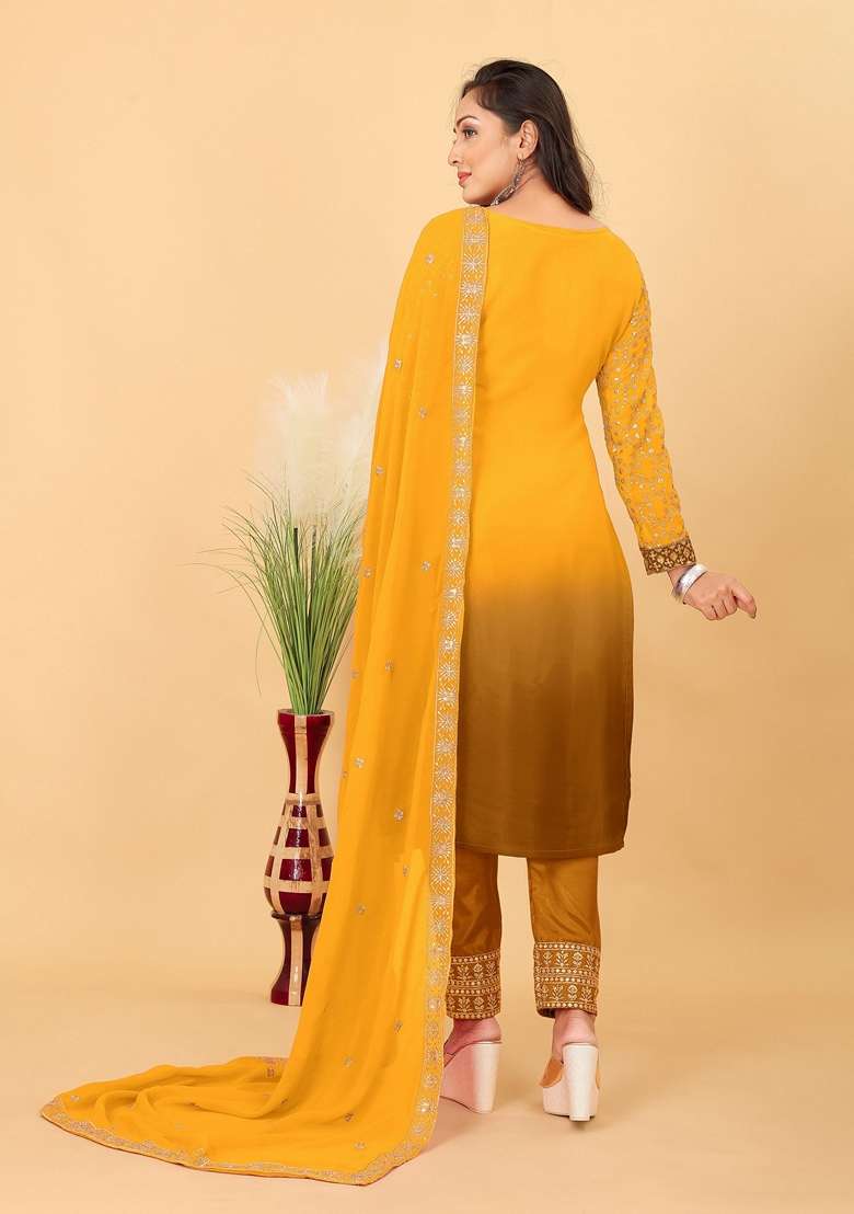 Yellow Embroidered Poly Blend Kurta Set - Indya