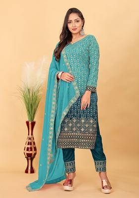 Blue Embroidered Poly Blend Kurta Set