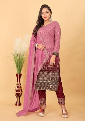 Pink Embroidered Poly Blend Kurta Set