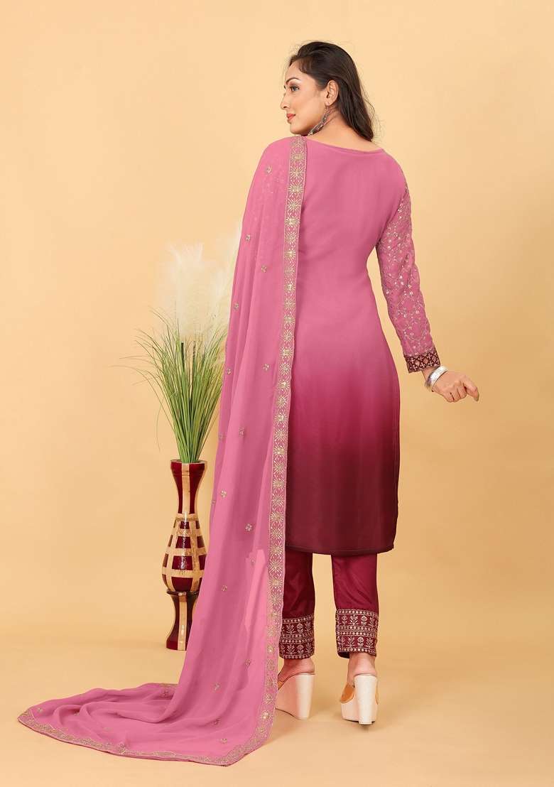 Pink Embroidered Poly Blend Kurta Set - Indya