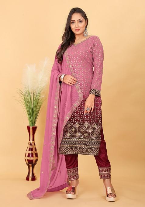 Pink Embroidered Poly Blend Kurta Set