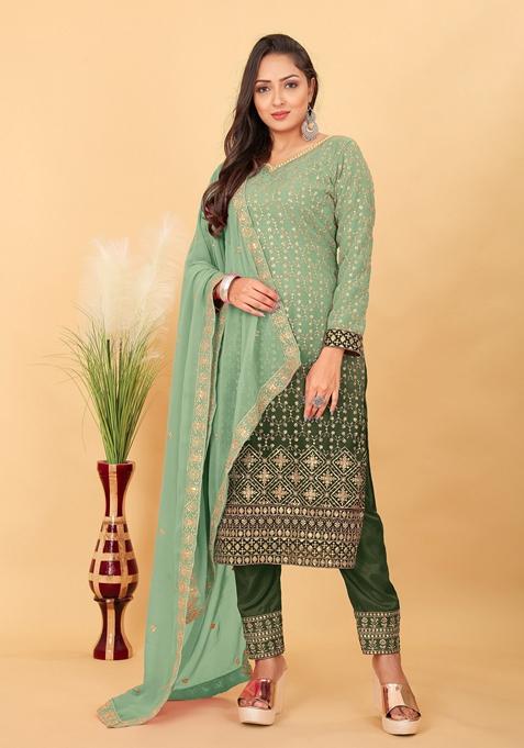 Pista Embroidered Poly Blend Kurta Set