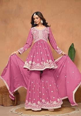 Pink Embroidered Poly Blend Kurta Set