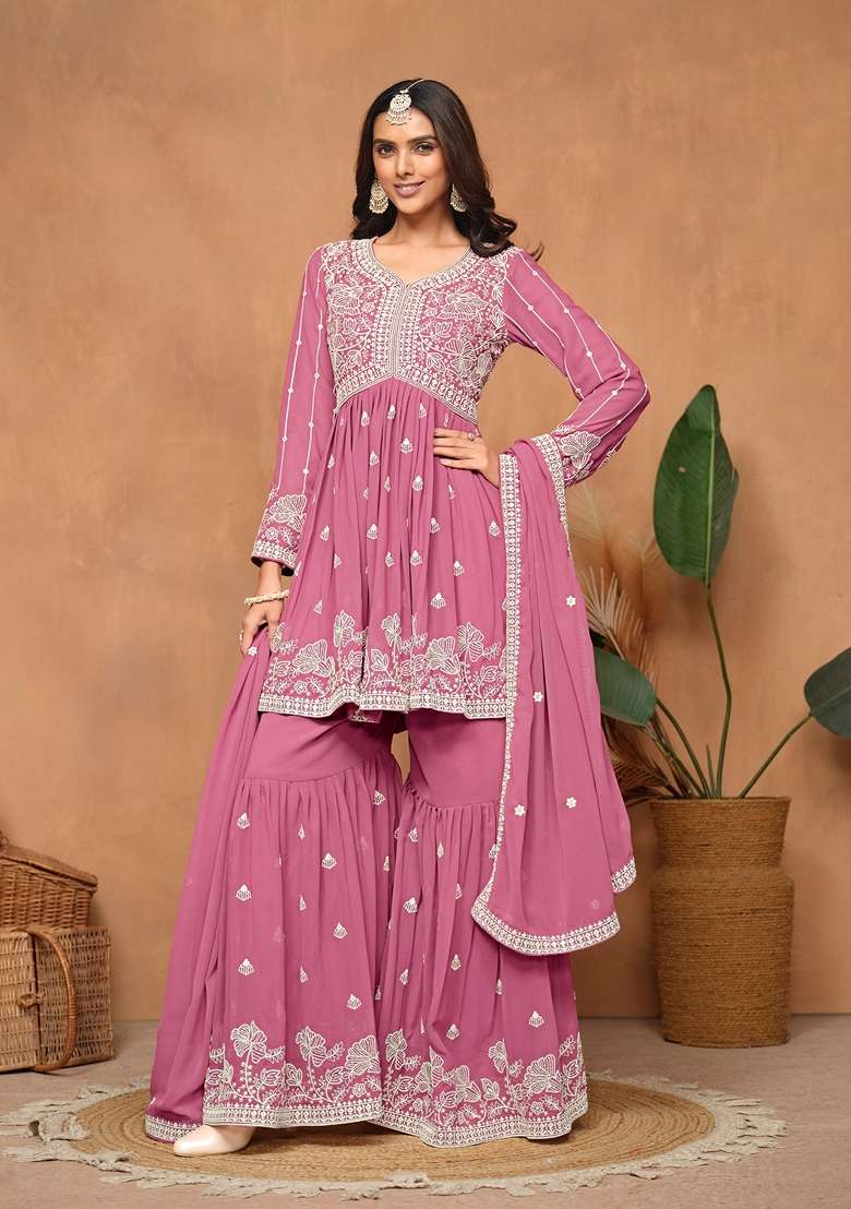 Pink Embroidered Poly Blend Kurta Set - Indya