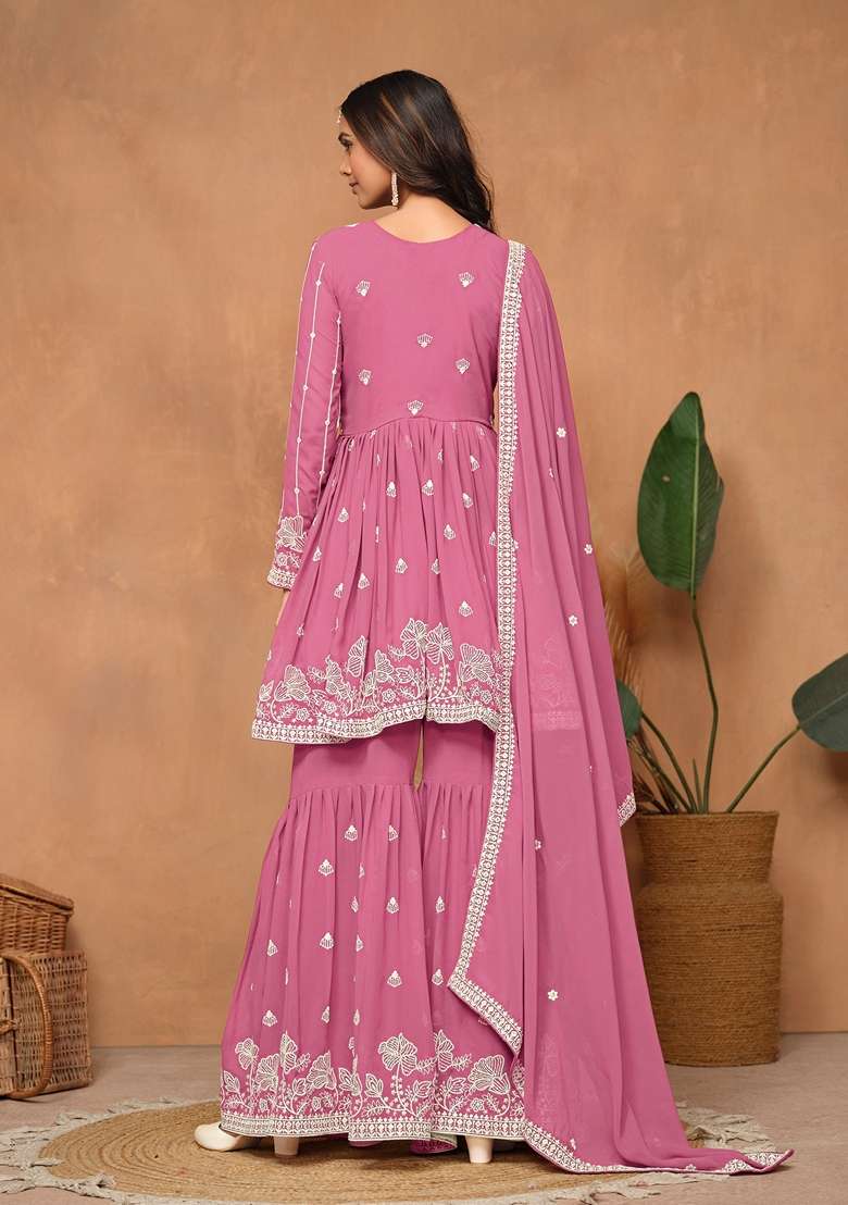 Pink Embroidered Poly Blend Kurta Set - Indya