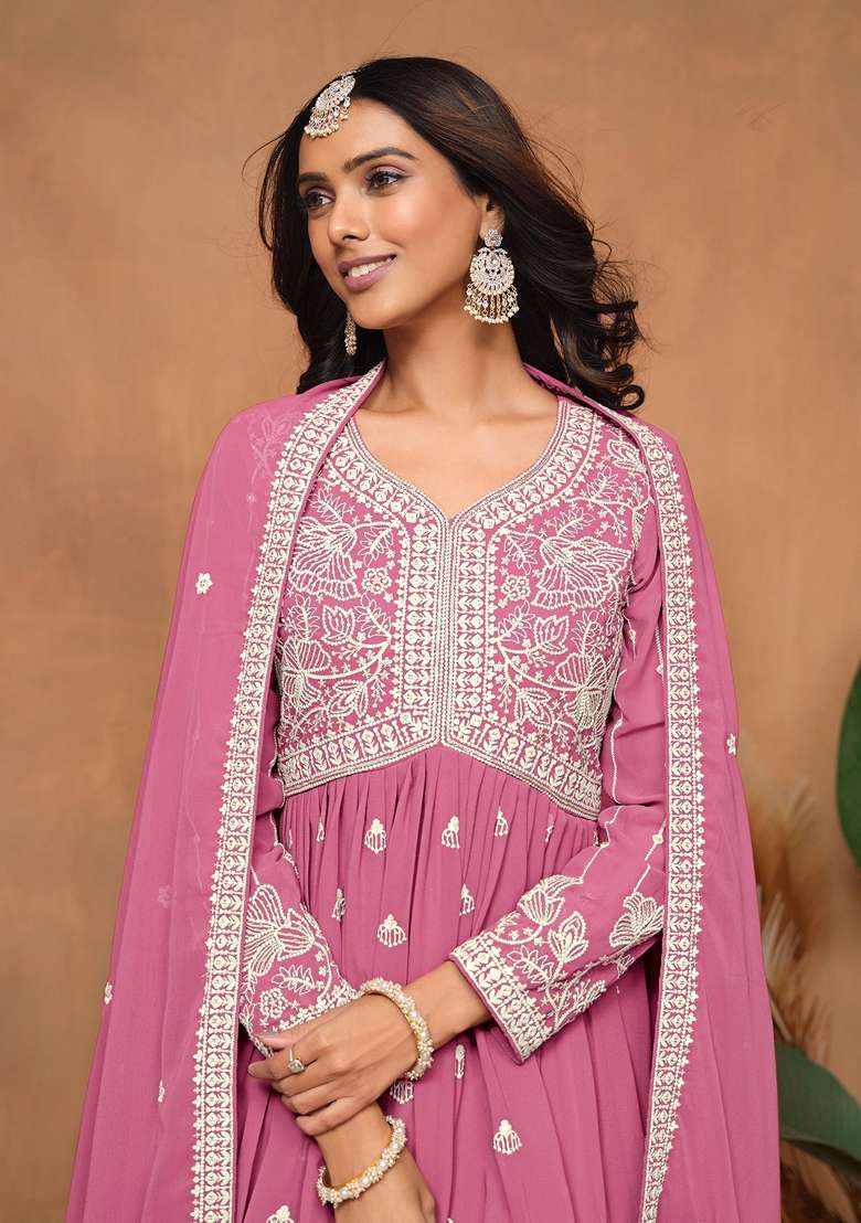 Pink Embroidered Poly Blend Kurta Set - Indya