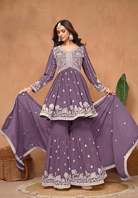 Violet Embroidered Poly Blend Kurta Set