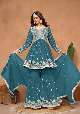Teal Embroidered Poly Blend Kurta Set