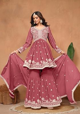 Rust Brown Embroidered Poly Blend Kurta Set