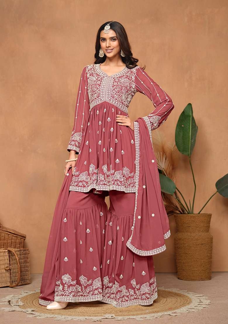 Rust Brown Embroidered Poly Blend Kurta Set - Indya