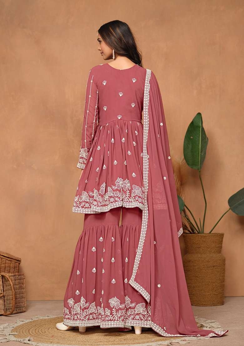 Rust Brown Embroidered Poly Blend Kurta Set - Indya