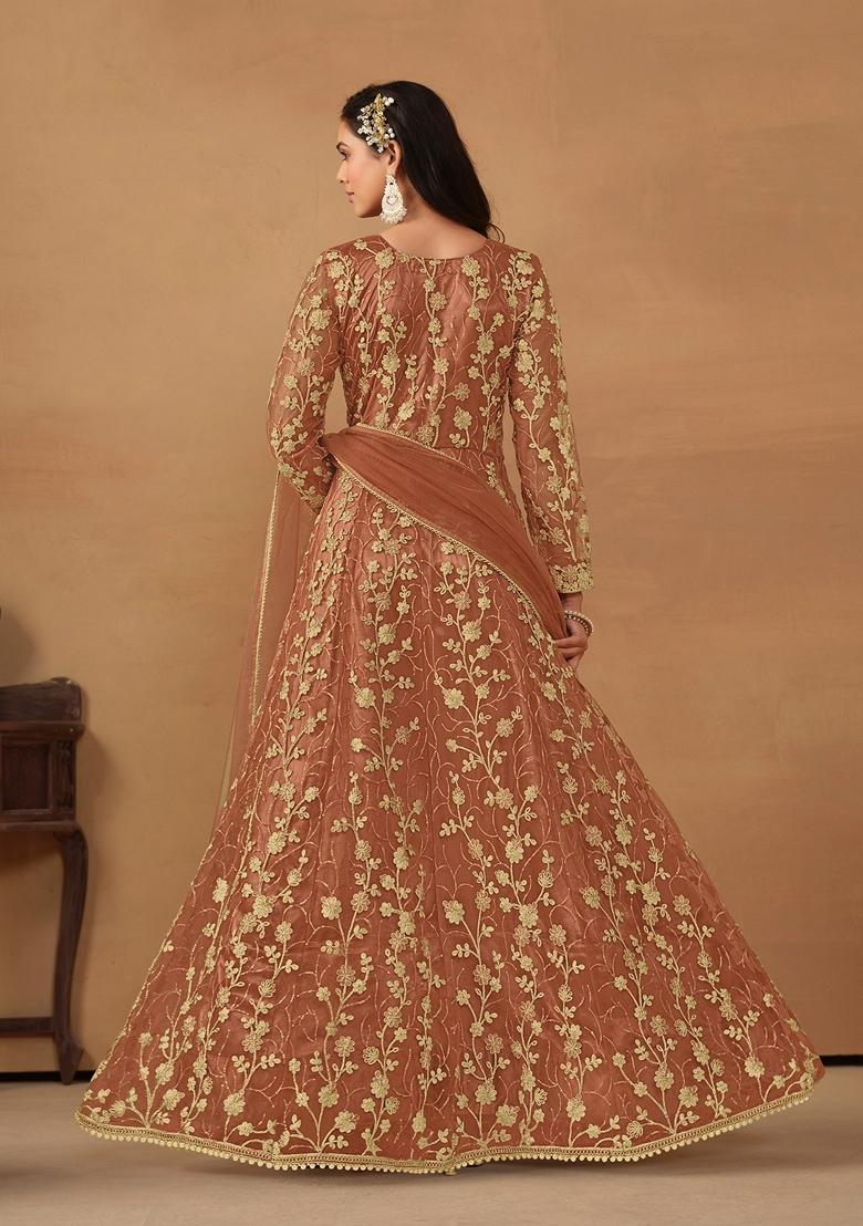 Rust Brown Embroidered Poly Blend Kurta Set