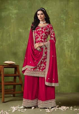 Pink Embroidered Poly Blend Kurta Set