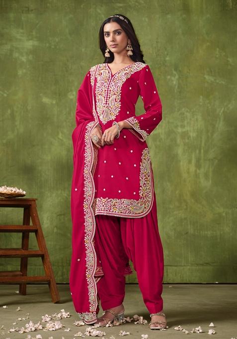 Pink Embroidered Poly Blend Kurta Set