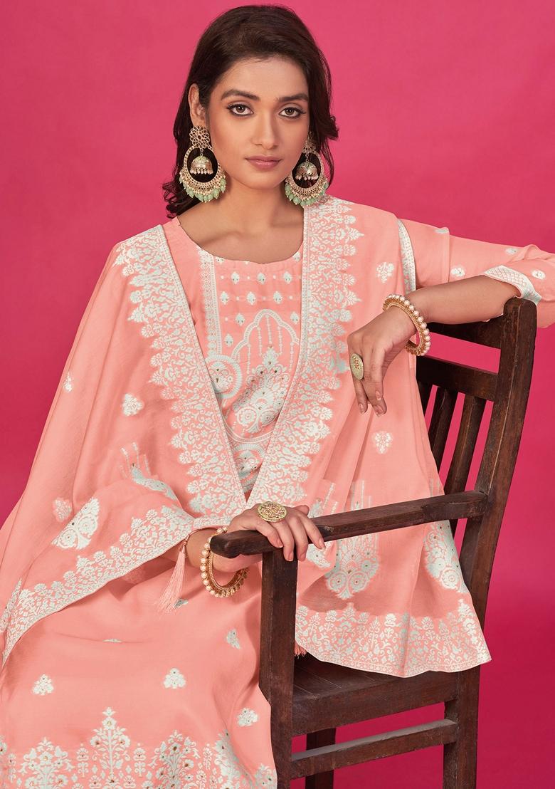 Peach Woven Poly Blend Kurta Set