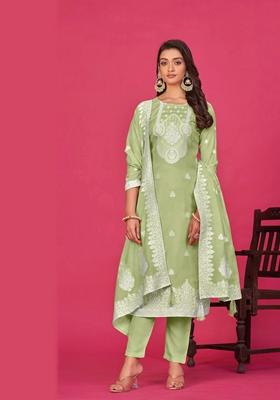 Pista Green Woven Poly Blend Kurta Set