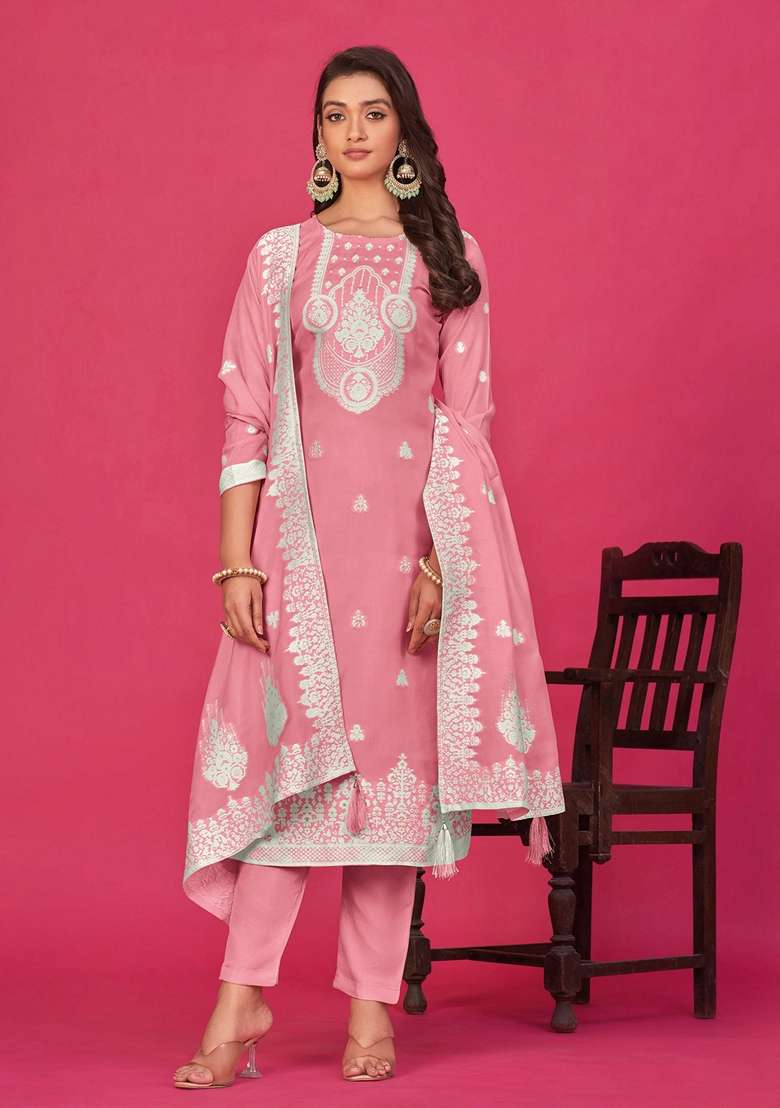 Pink Woven Poly Blend Kurta Set - Indya