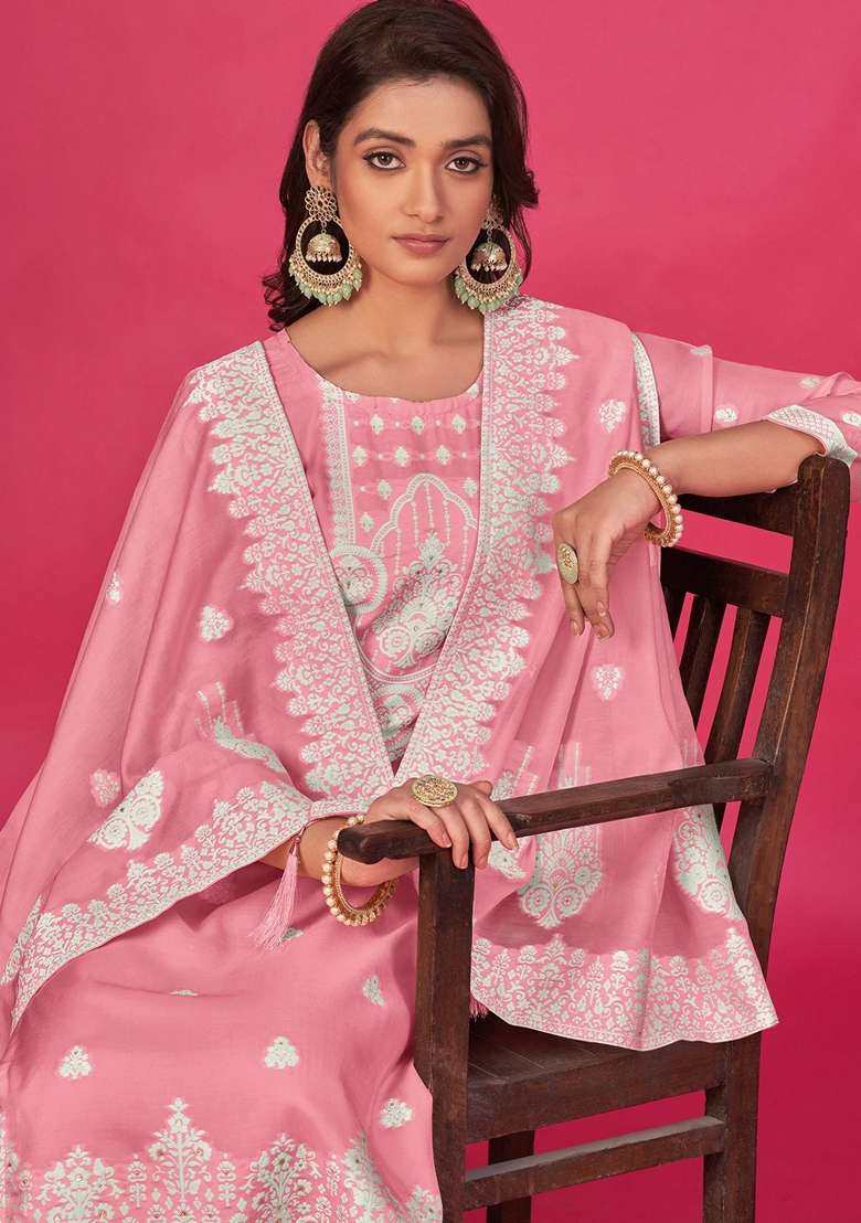 Pink Woven Poly Blend Kurta Set - Indya