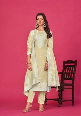 Beige Woven Poly Blend Kurta Set