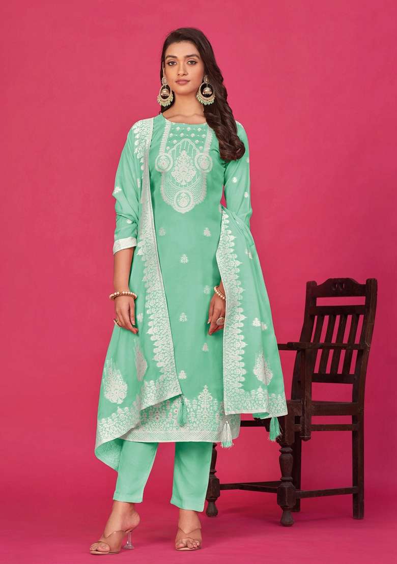 Sea Green Woven Poly Blend Kurta Set - Indya