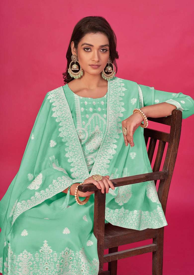 Sea Green Woven Poly Blend Kurta Set - Indya