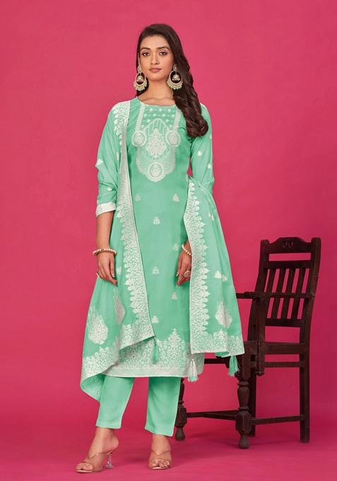 Sea Green Woven Poly Blend Kurta Set