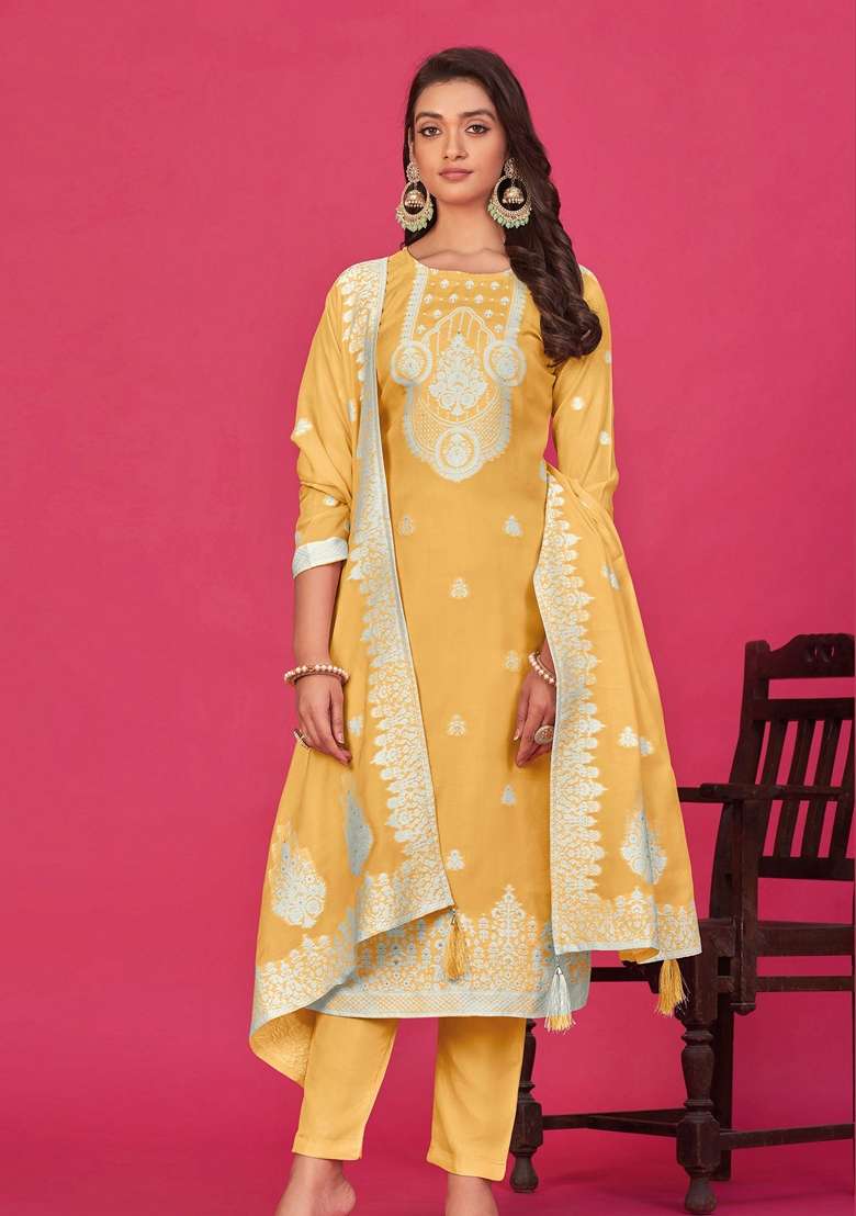 Yellow Woven Poly Blend Kurta Set - Indya