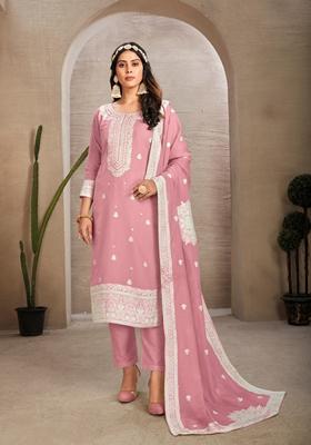 Pink Woven Poly Blend Kurta Set
