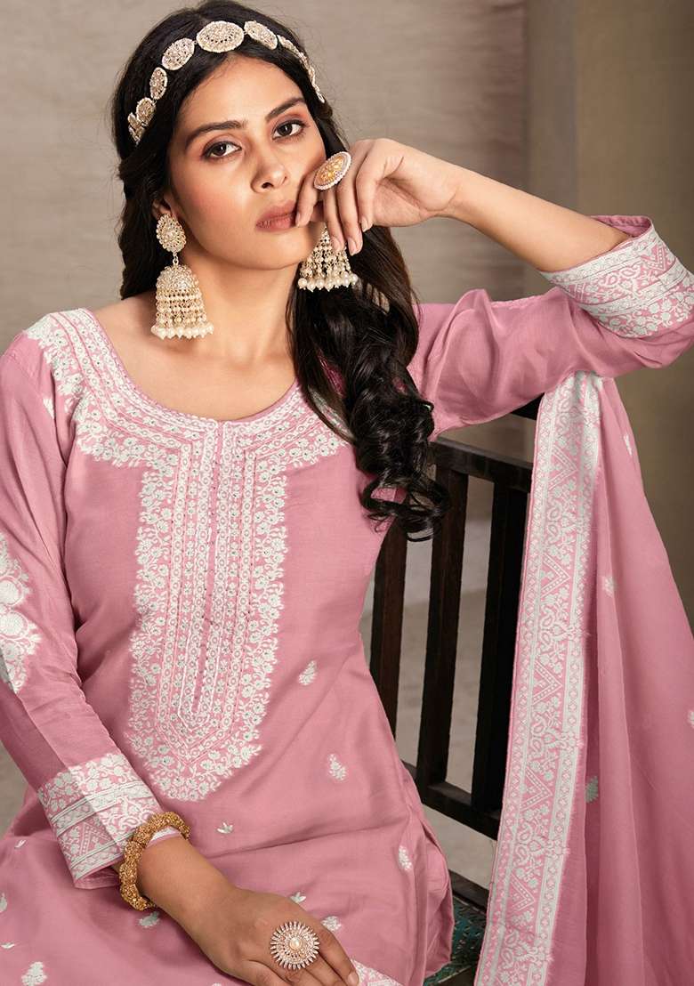 Pink Woven Poly Blend Kurta Set - Indya