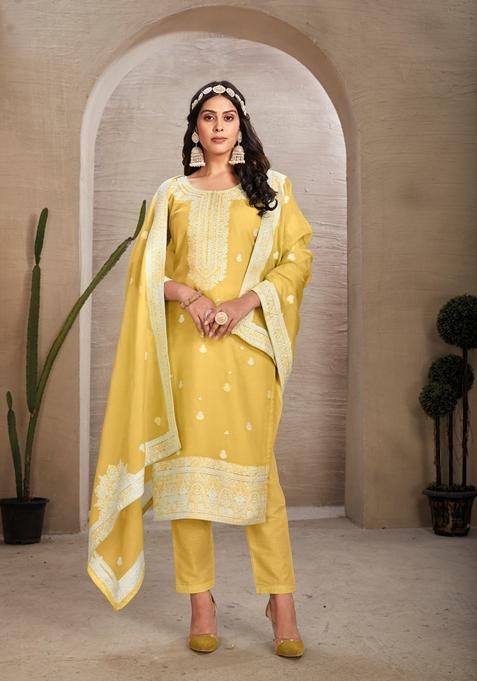 Yellow Woven Poly Blend Kurta Set