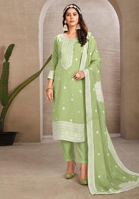 Pista Green Woven Poly Blend Kurta Set