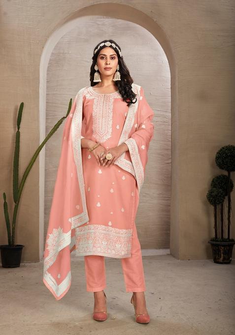 Peach Woven Poly Blend Kurta Set