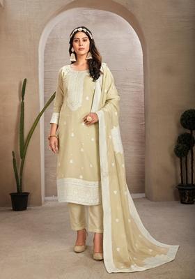 Beige Woven Poly Blend Kurta Set