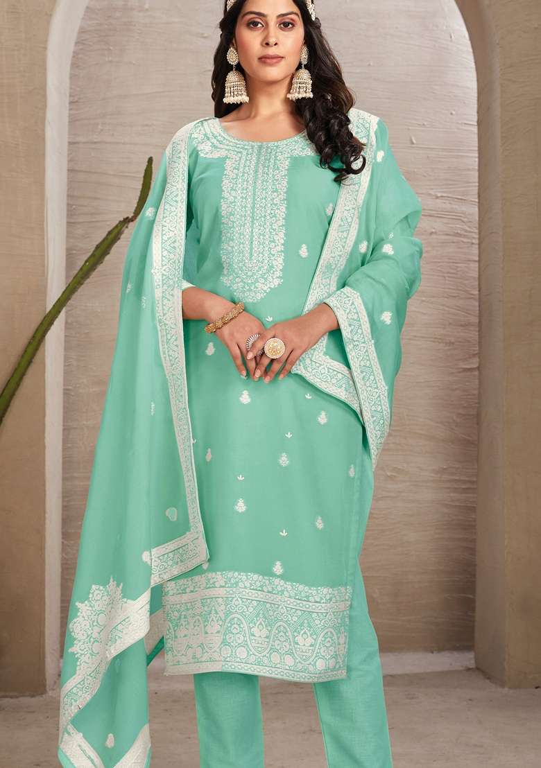 Sea Green Woven Poly Blend Kurta Set - Indya