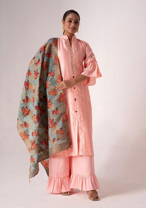 Pink Embroidered Poly Blend Kurta Set