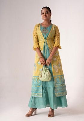 Mustard Embroidered Poly Blend Kurta Set
