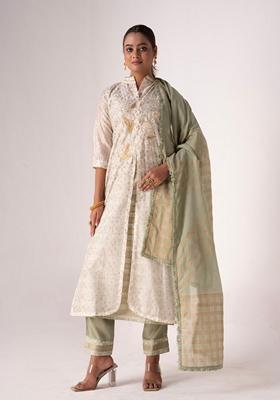 Off White Embroidered Poly Blend Kurta Set