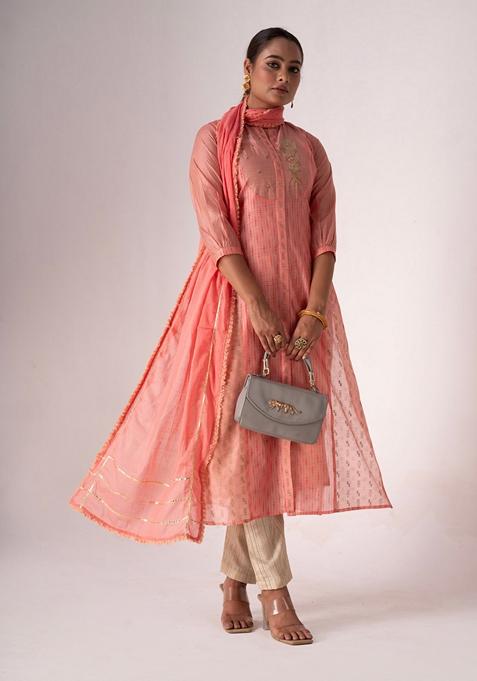 Pink Embroidered Poly Blend Kurta Set