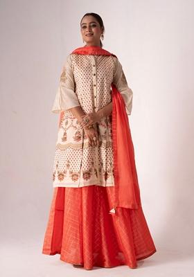 Cream Embroidered Poly Blend Kurta Set