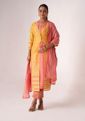 Mustard Embroidered Poly Blend Kurta Set
