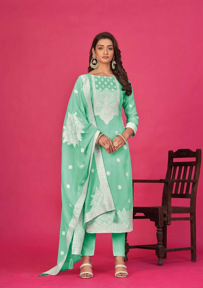 Sea Green Woven Poly Blend Kurta Set - Indya