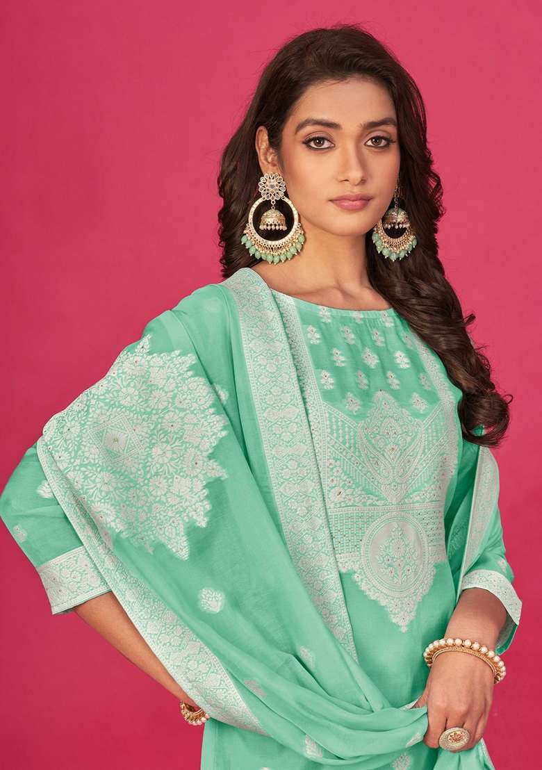 Sea Green Woven Poly Blend Kurta Set - Indya
