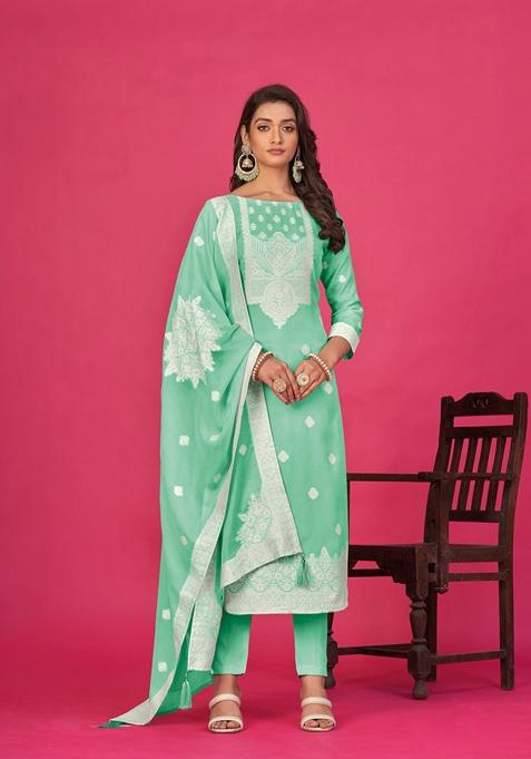 Sea Green Woven Poly Blend Kurta Set