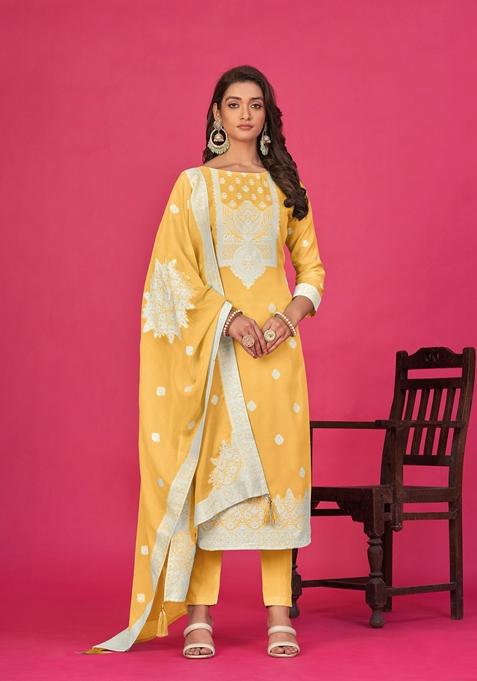 Yellow Woven Poly Blend Kurta Set