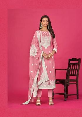 Pink Woven Poly Blend Kurta Set