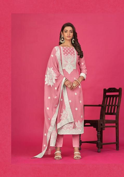 Pink Woven Poly Blend Kurta Set